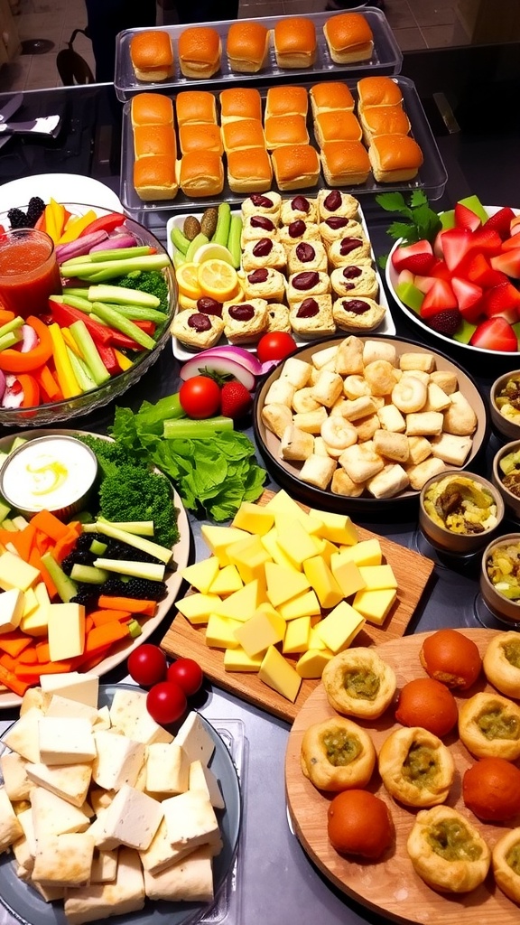 Assorted appetizers including vegetables, cheese, shrimp cocktail, mini quiches, stuffed mushrooms, and sliders on a table.
